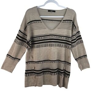Avec Womens V-Neck Tassel Striped Pointelle Knit Sweater Tan Black Large